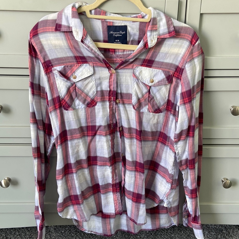 American Eagle Red & White Button Flannel